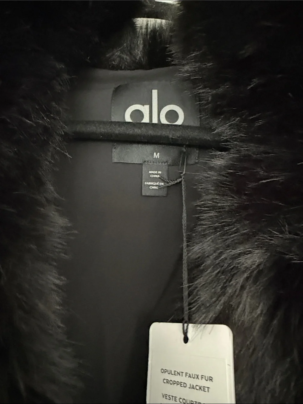 ALO Yoga Opulent Black Faux Fur Cropped Jacket medium